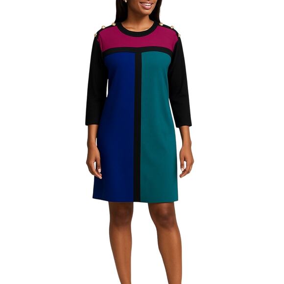 Vintage Dresses & Skirts - KAYO 1980s Vintage Pink & Blue Color Block Long Sleeve Dress Retro Large